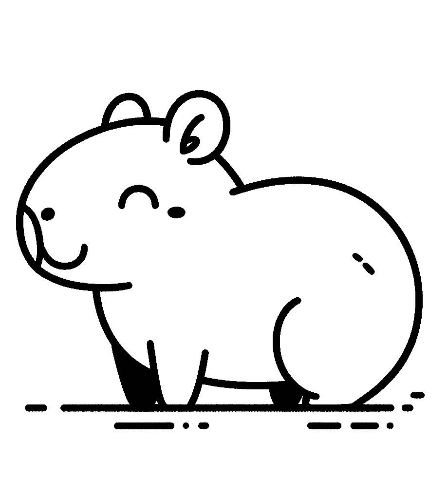 Desenho de uma capivara feliz e sorridente para imprimir e colorir.
