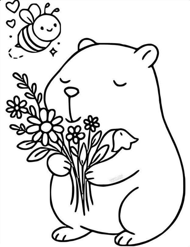 Desenho de capivara segurando um buquê de flores com abelha e corações para imprimir e colorir.