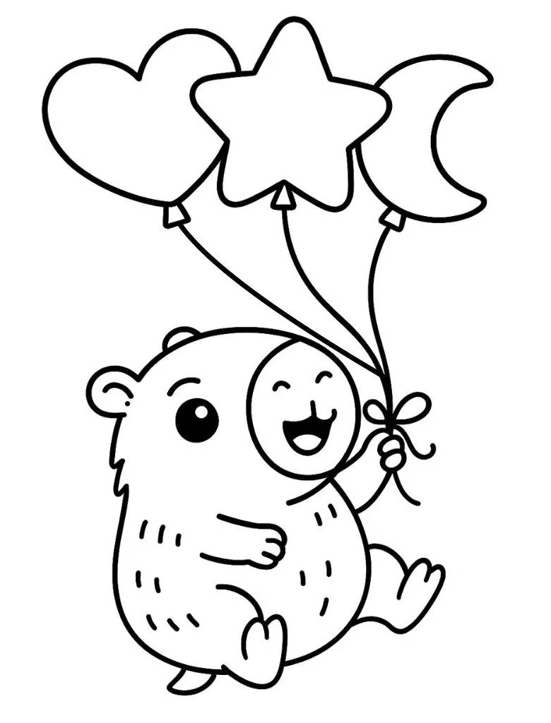 Desenho de capivara Kawaii segurando balões de coração, estrela e lua para imprimir e colorir.