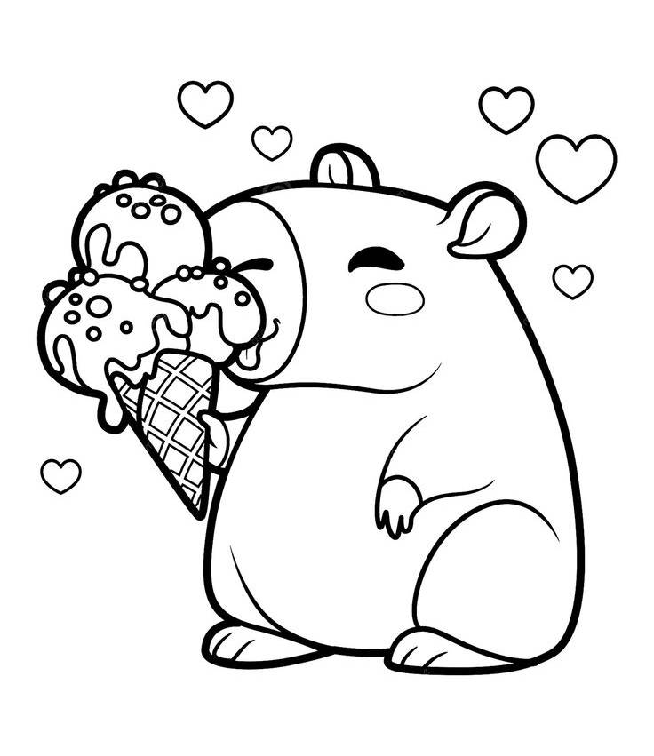 Desenho de capivara kawaii segurando um sorvete com corações flutuando ao redor para imprimir e colorir.