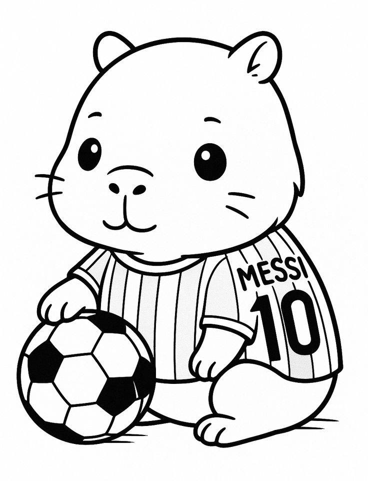 Capivara fofa vestindo camisa do Messi e jogando futebol para imprimir e colorir.