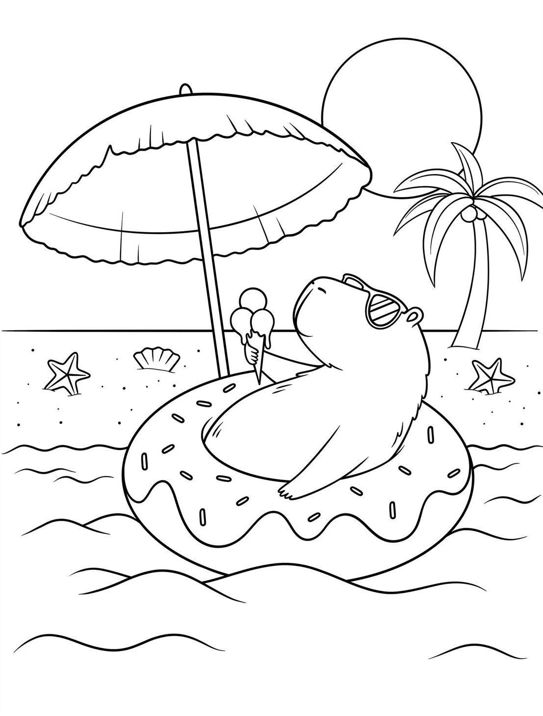 Desenho de uma capivara de óculos de sol, relaxando em uma bóia de donut na praia, segurando um sorvete, para colorir.