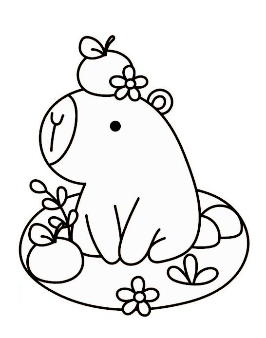 Desenho de capivara sentada com uma flor na cabeça, cercada por folhas e flores, em estilo cartoon para colorir.