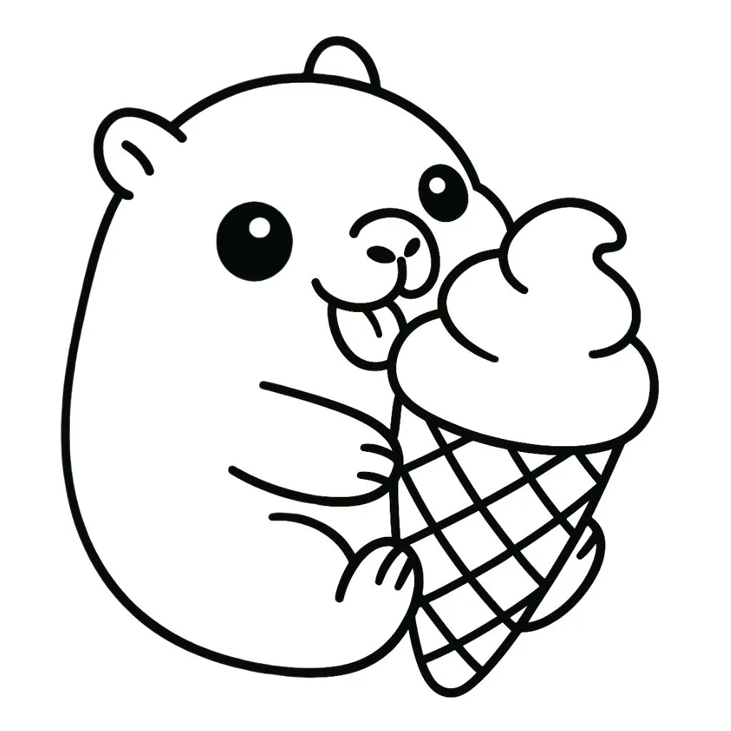 Desenho de capivara feliz com sorvete de casquinha quadriculada para imprimir e colorir.