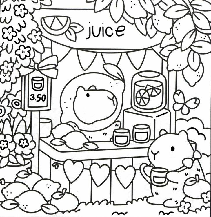 Desenho de capivaras, com traços estilo Bobbie Goods, em uma banca de limonada com limões, flores e borboletas para colorir e imprimir.