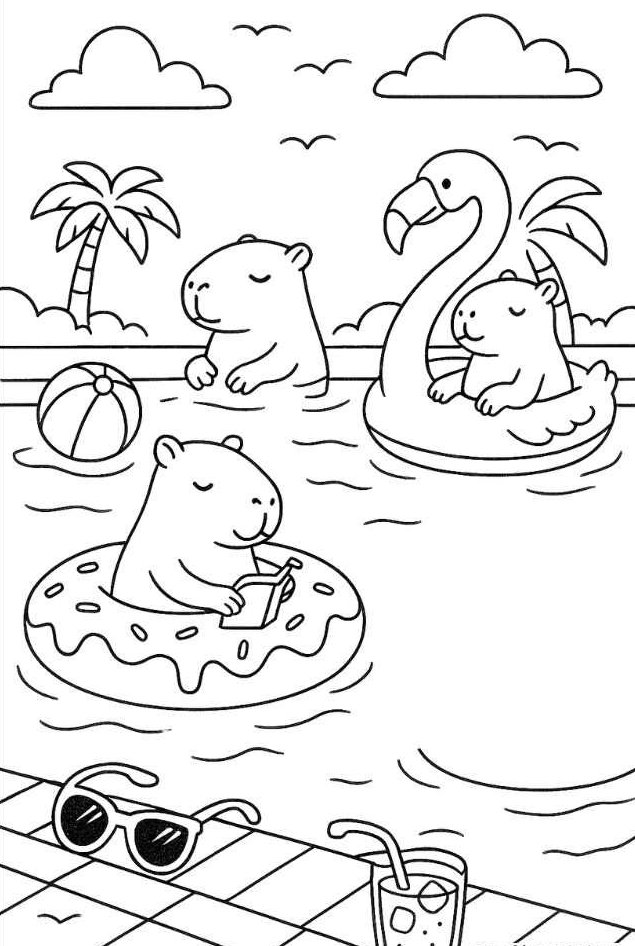Desenho de capivaras curtindo festa na piscina, com boias, água, e palmeiras, perfeito para imprimir e colorir.