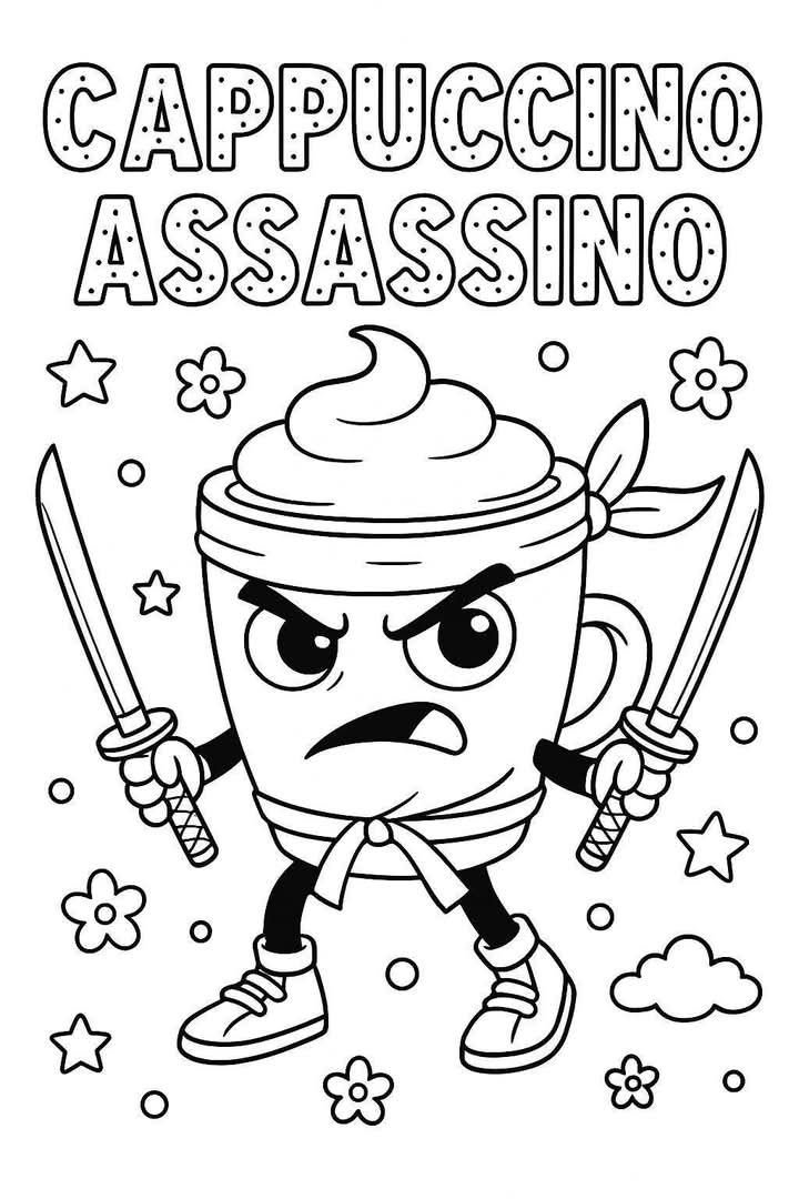 Desenho de um Cappuccino Assassino zangado com espadas para imprimir e colorir.