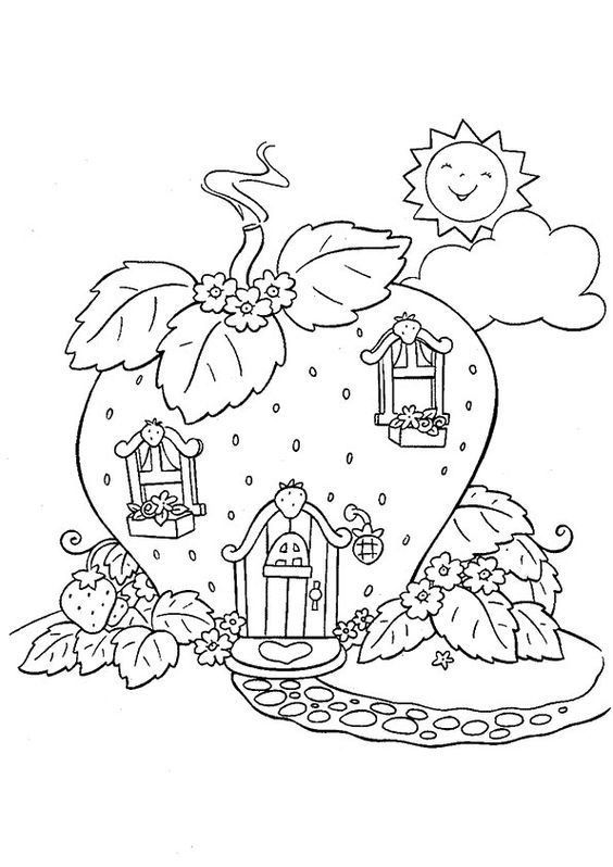Desenho da casa da Moranguinho para imprimir e colorir. A casinha em formato de morango é rodeada de flores, com um sol sorrindo e um caminho de pedras convidativo.