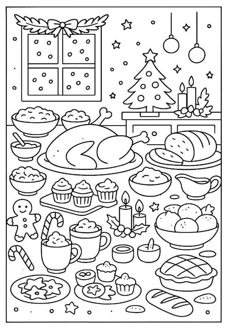 Desenho de uma ceia de Natal com árvore, presentes, comidas e decoração para imprimir e colorir com a família.