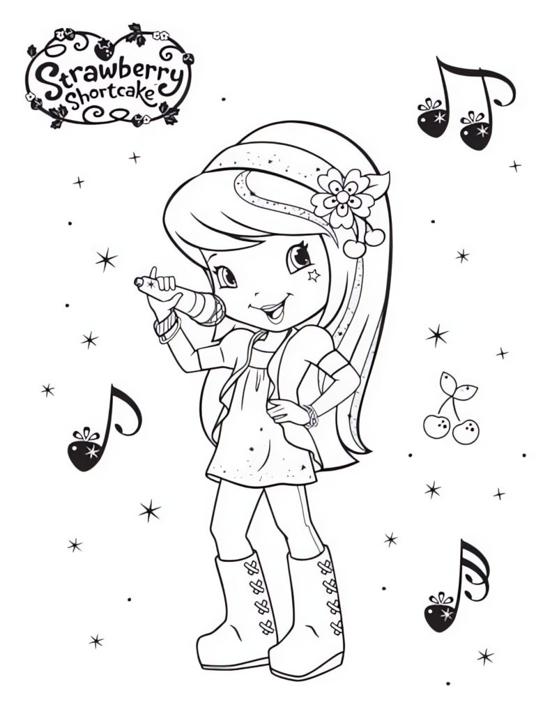 Desenho da Cerejinha, amiga da Moranguinho, cantando com microfone, para colorir e imprimir.