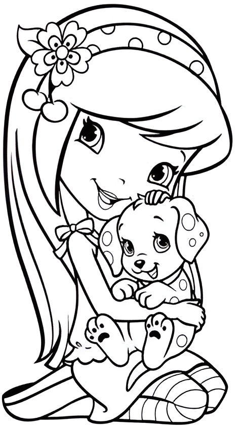 Desenho da Cerejinha (Moranguinho) segurando um filhote de cachorro com manchas redondas para imprimir e colorir.