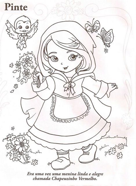 Desenho da Chapeuzinho Vermelho com capuz, buquê de flores, passarinho e borboletas para imprimir e colorir.