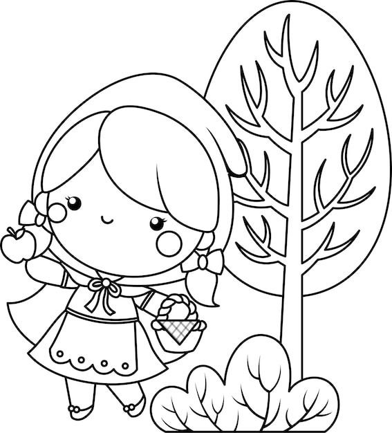 Desenho da Chapeuzinho Vermelho segurando cesta com maçã para colorir.