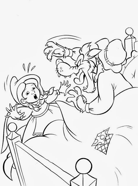 Desenho da Chapeuzinho Vermelho assustada com o Lobo Mau disfarçado de vovó para imprimir e colorir.