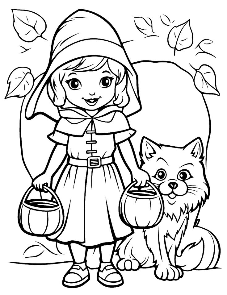 Desenho da Chapeuzinho Vermelho com seu capuz e um lobo bonzinho na floresta para imprimir e colorir.