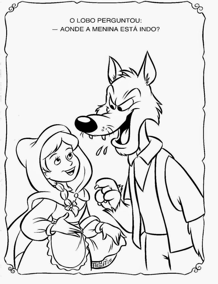 Desenho da Chapeuzinho Vermelho encontrando o Lobo Mau disfarçado com uma cesta na floresta para imprimir e colorir.