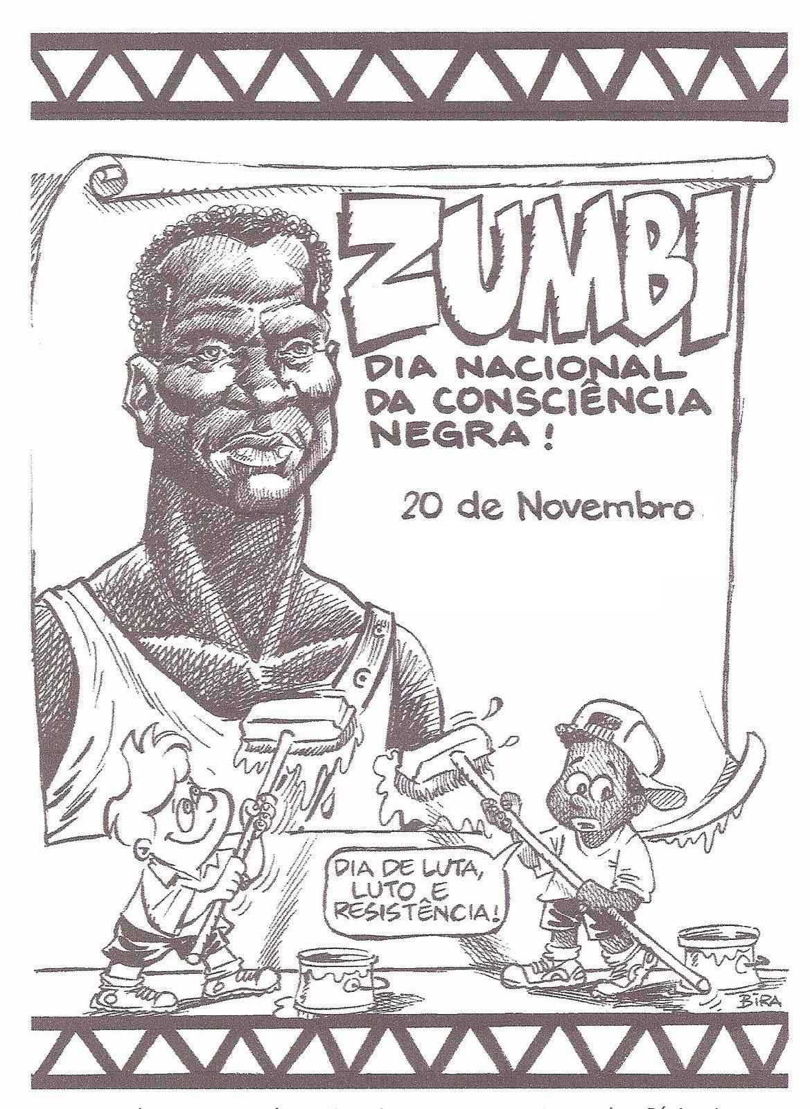 Charge de Zumbi dos Palmares com crianças, cartaz do Dia da Consciência Negra e a frase 'Dia de Luta, Luto e Resistência!' para imprimir e colorir.