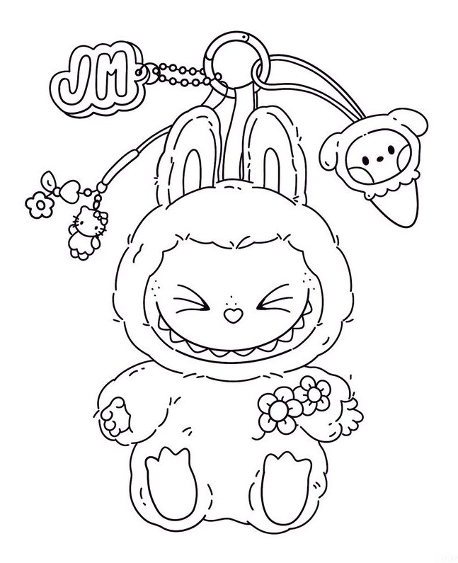 Desenho de um chaveiro do personagem Labubu com capuz fofinho, Hello Kitty e sorvete para colorir.