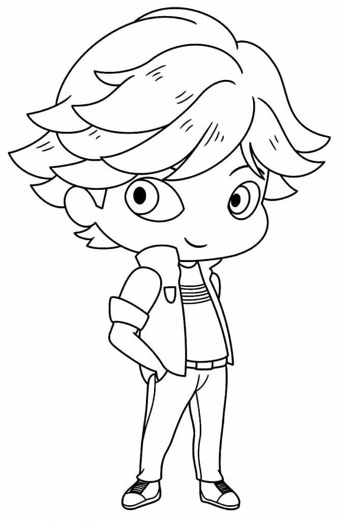 Desenho do Chibi Adrien, personagem de Miraculous, em estilo cartoon para imprimir e colorir.