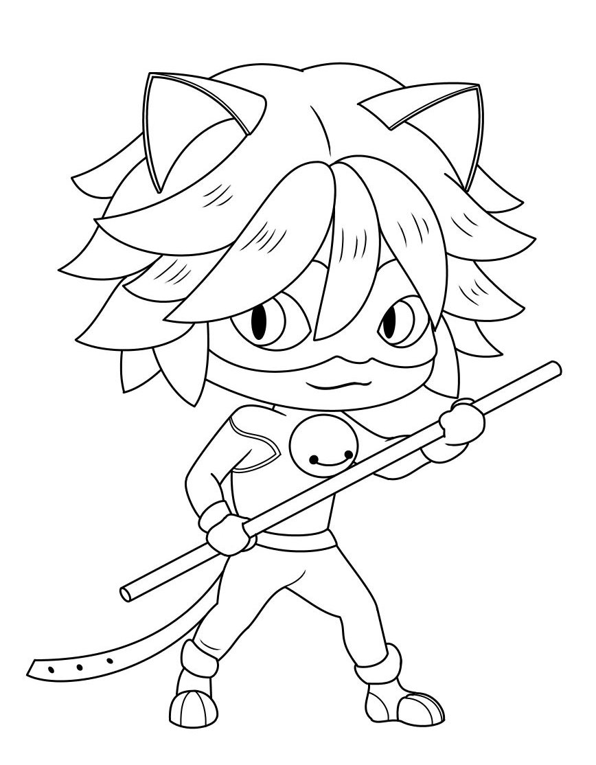 Desenho do Chibi Cat Noir com máscara, orelhas de gato e bastão para imprimir e pintar.