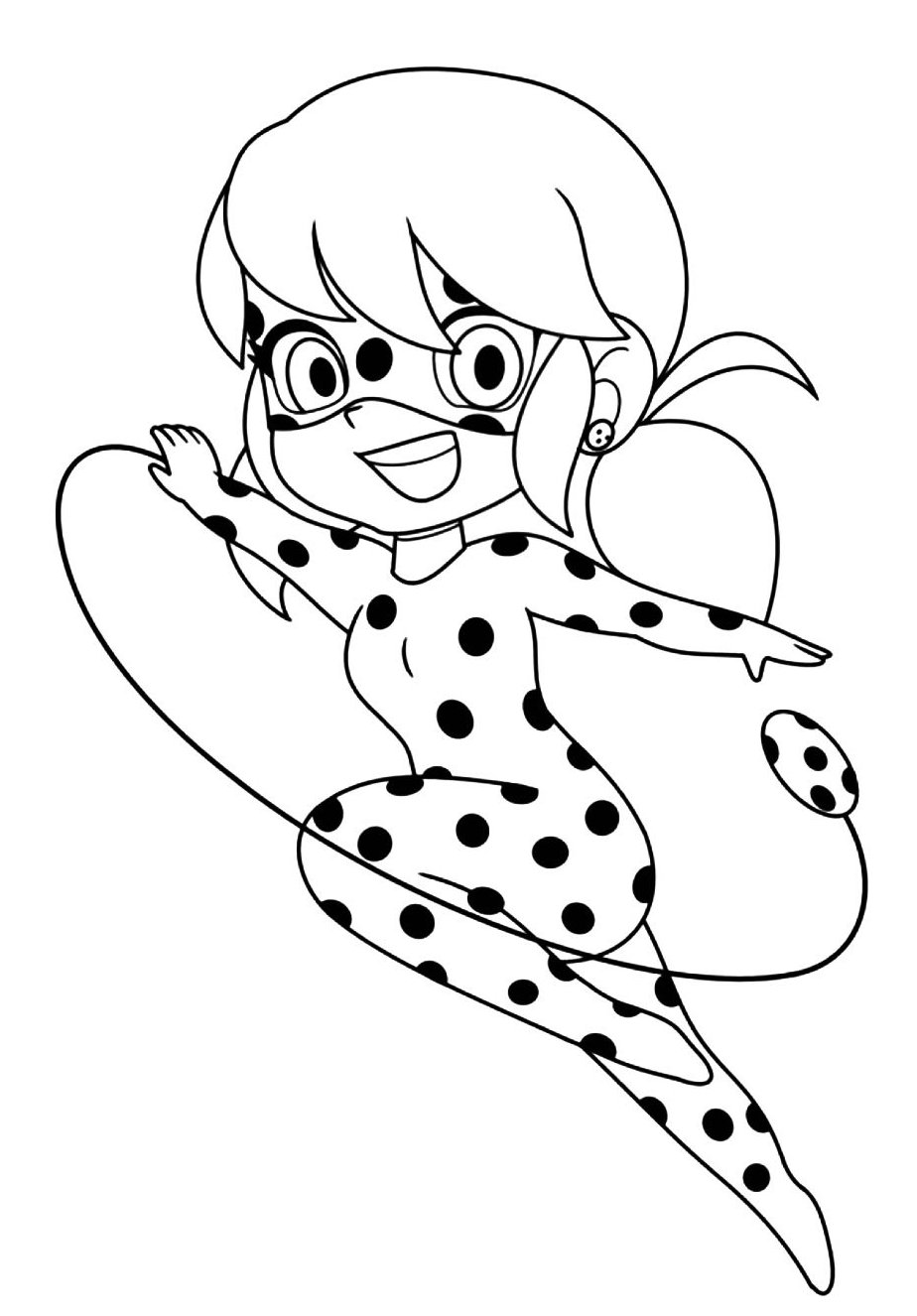 Desenho da Chibi Ladybug com roupa de bolinhas, máscara e ioiô para imprimir e colorir.