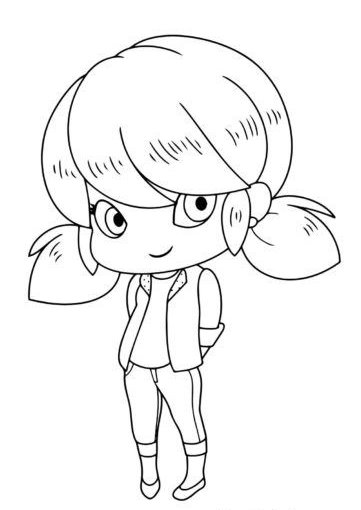 Desenho fofo da Marinette em estilo Chibi com cabelo em marias chiquinhas, vestindo calça, camiseta e jaqueta para imprimir.