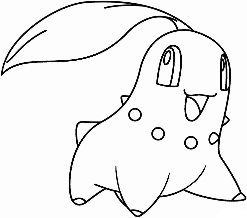 Desenho da Chikorita de Pokémon com folha na cabeça, corpo de pêra e estilo cartoon para imprimir e colorir.