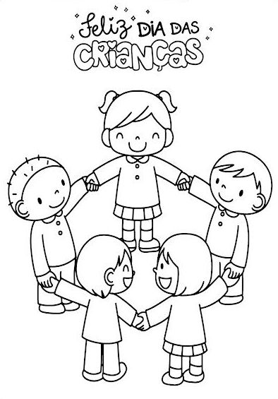 Desenho de crianças brincando de ciranda com estrelas, corações e a frase 'Feliz Dia das Crianças' para colorir e imprimir.