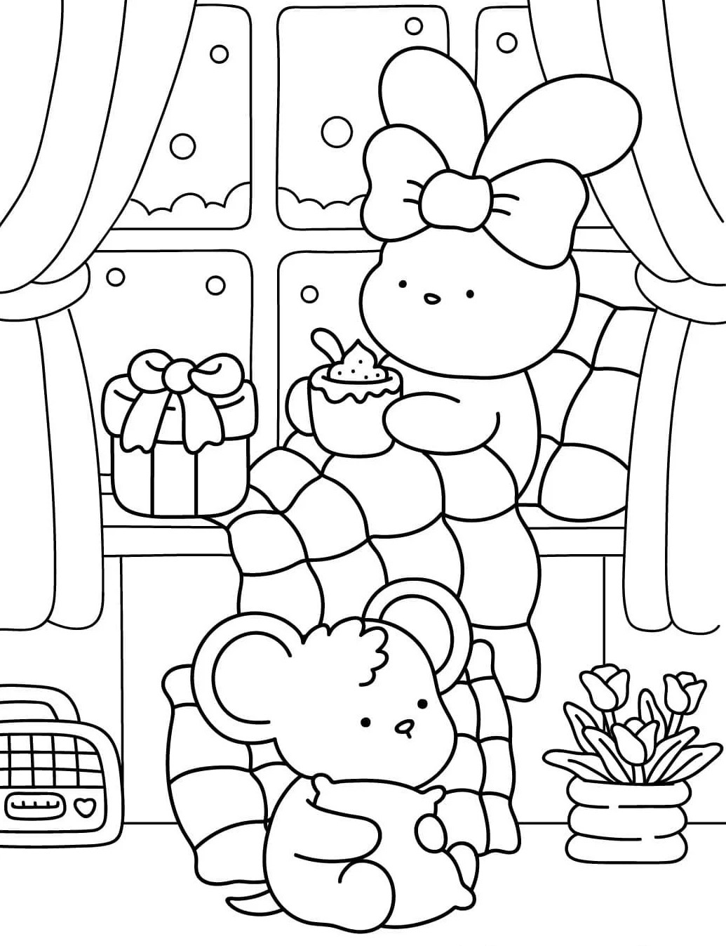 Desenho de coelhinha e coala bebê com laço, chocolate quente, presentes e neve para imprimir e colorir.