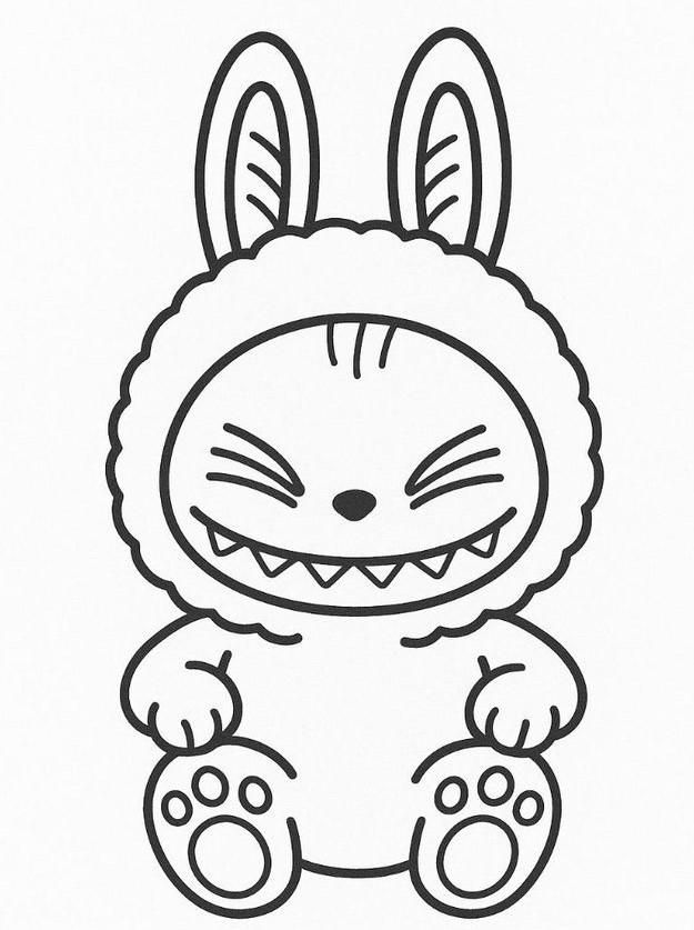 Desenho do Coelinho Labubu, criatura fantástica com orelhas de coelho, para imprimir e dar vida com cores vibrantes.