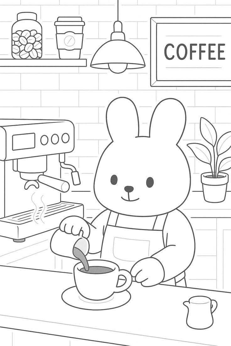 Desenho de coelho barista da Bobbie Goods preparando café com máquina de café e xícara para imprimir e colorir.