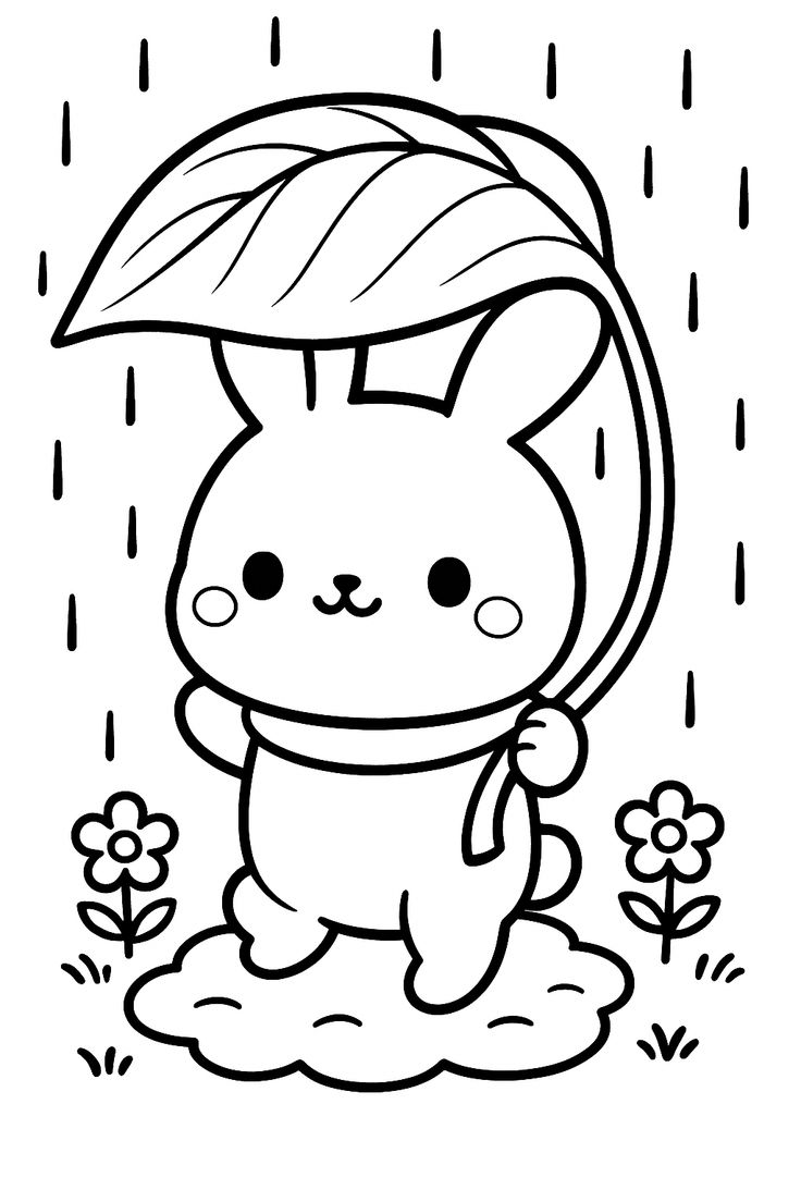 Desenho de um coelho kawaii com cachecol usando uma folha como guarda-chuva, cercado por flores e chuva, pronto para imprimir e colorir.
