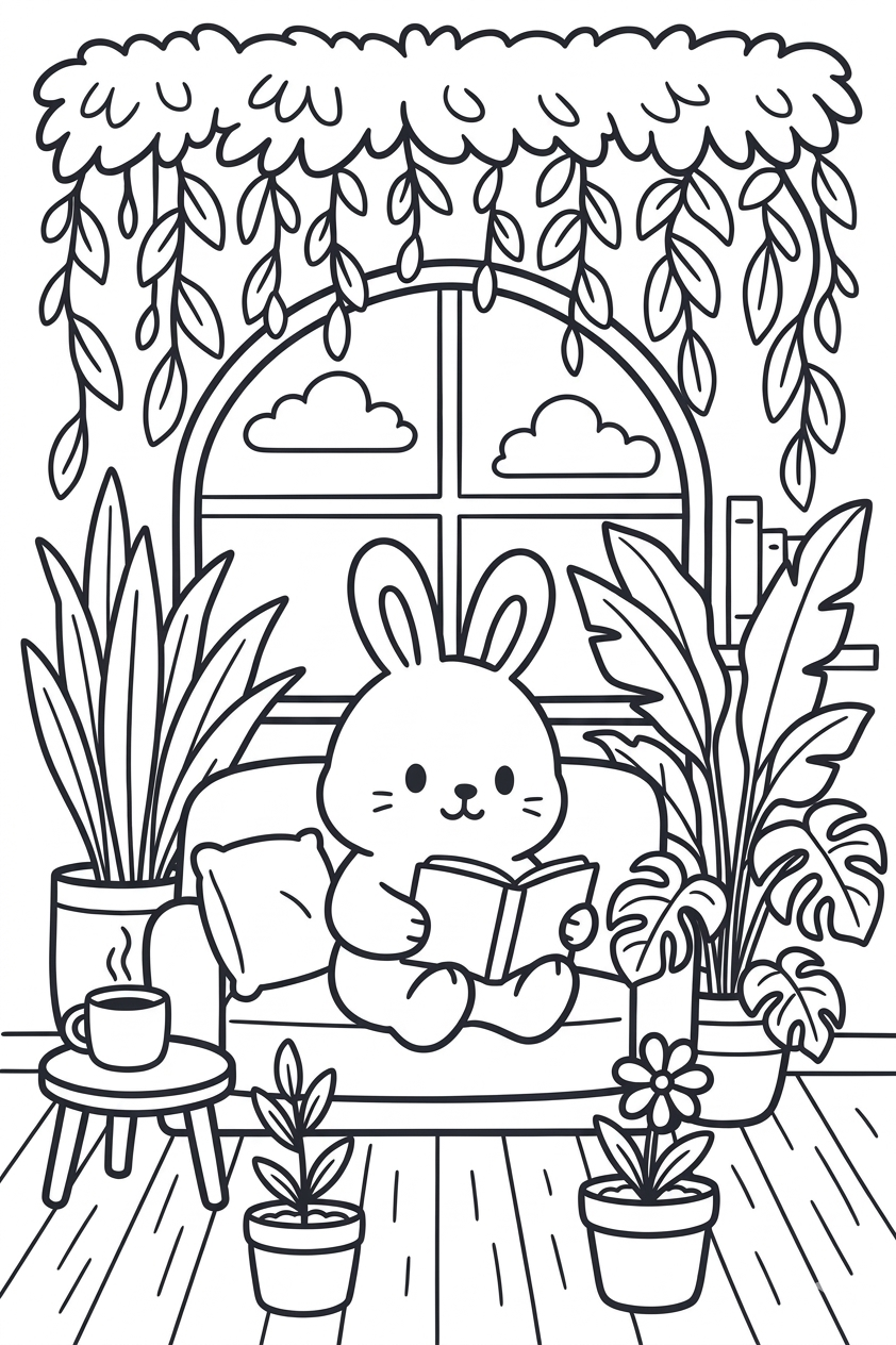 Desenho de coelho lendo um livro em um sofá aconchegante com plantas e xícara para imprimir e colorir.