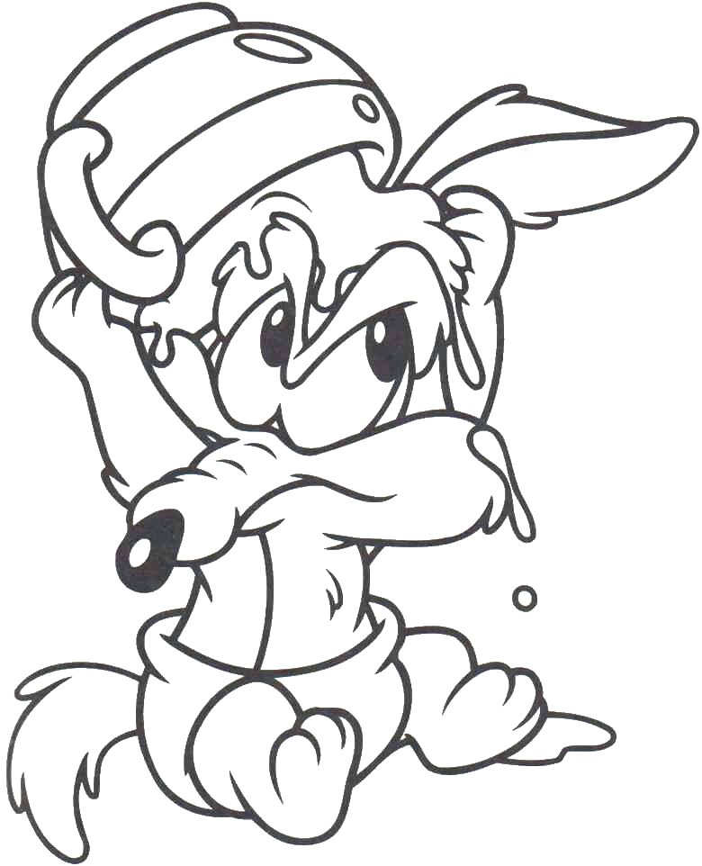 Coiote bebê dos Looney Tunes de fralda e capacete escorrendo para imprimir e colorir.