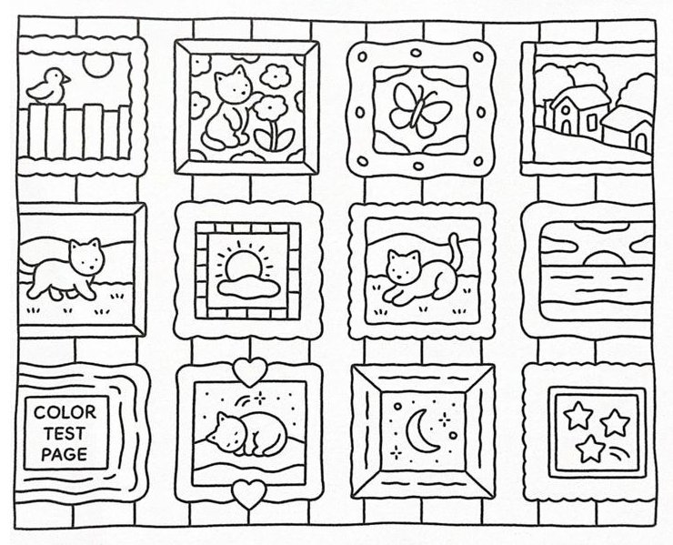 Desenhos da Bobbie Goods com gatinhos, paisagens, sol, lua e estrelas para imprimir e colorir.