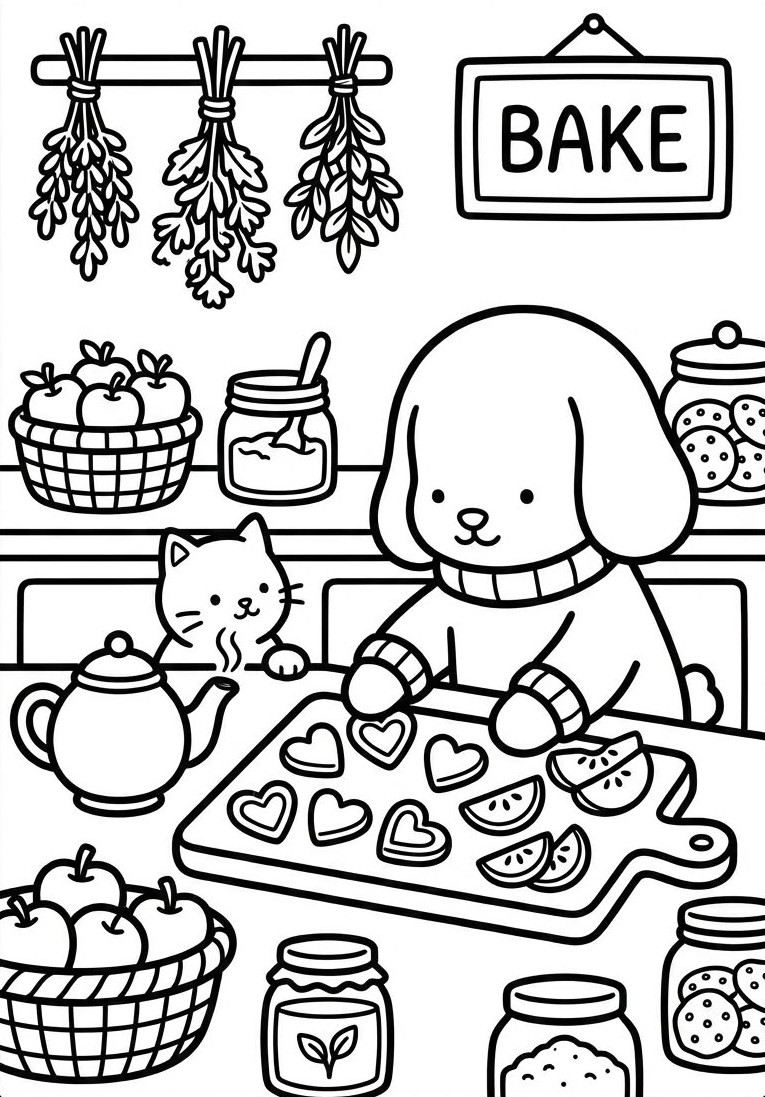 Desenho de uma cena de confeitaria com um cão chef, um gato curioso, bolos, biscoitos e utensílios de cozinha para imprimir e colorir.