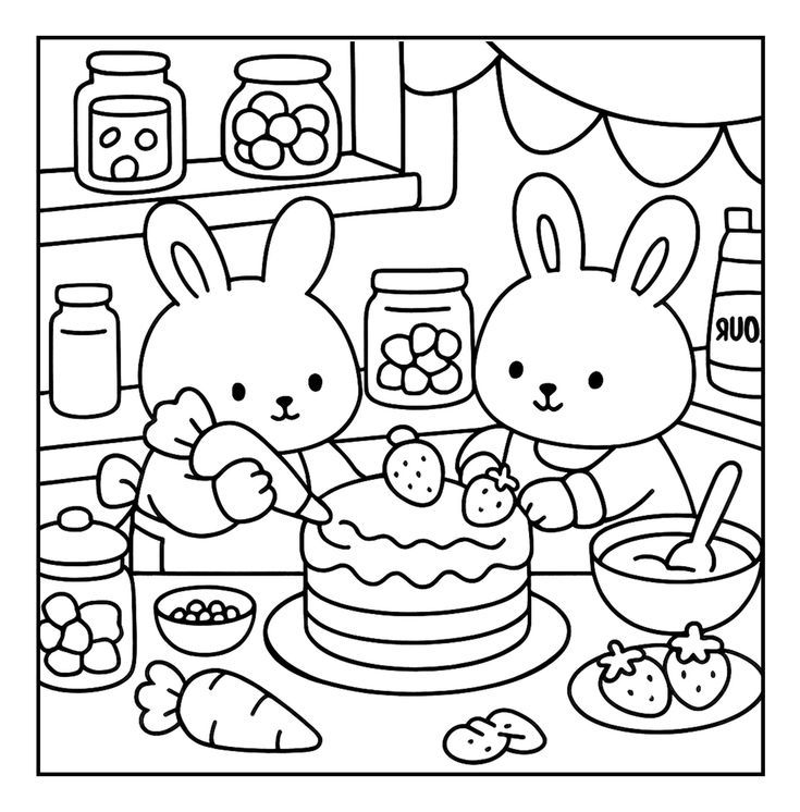 Desenho da Confeitaria Bobbie Goods com coelhas confeiteiras e bolo delicioso para imprimir e colorir.