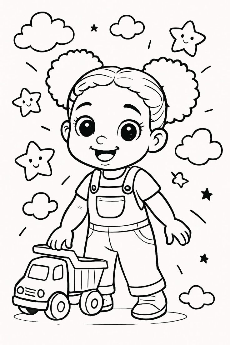 Desenho de uma criança negra sorrindo com cabelo afro, macacão e um caminhão de brinquedo, representando sonhos e alegria no Dia da Consciência Negra.