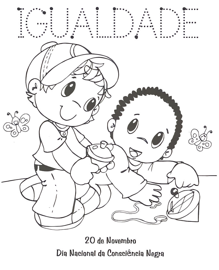 Desenho de duas crianças, uma caucasiana e uma negra, pintando a palavra 'Igualdade' com spray, celebrando o Dia da Consciência Negra.