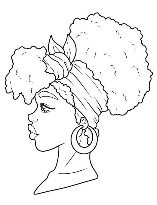 Desenho de uma mulher negra de perfil com cabelo afro volumoso e um turbante decorado, celebrando o Dia da Consciência Negra.
