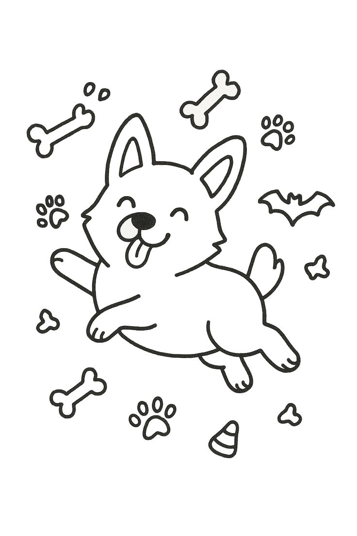 Desenho de um Corgi sorridente com elementos de Halloween como ossos, morcego e doce de milho para imprimir e colorir.