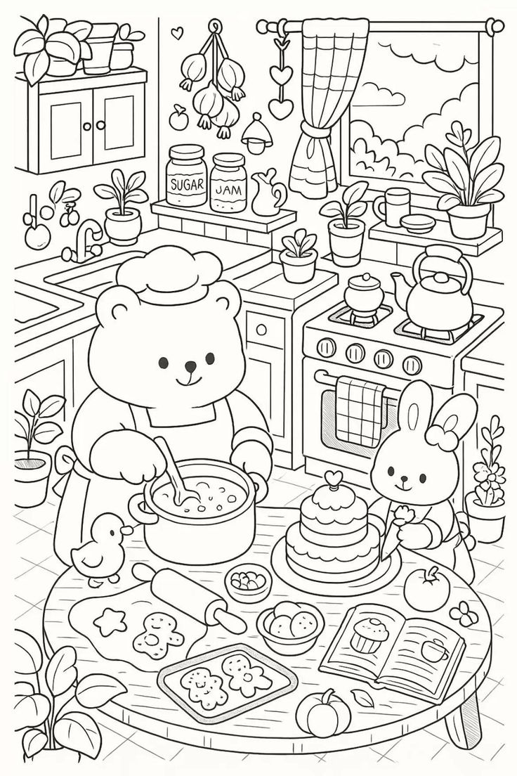 Desenho da cozinha da Bobbie Goods com urso chef, coelho confeiteiro, bolo, fogão e muitos outros detalhes para imprimir e colorir.