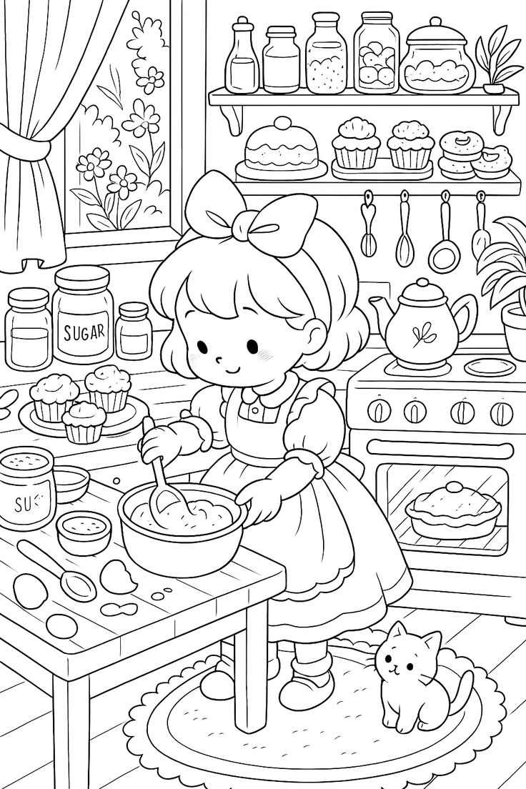 Desenho de uma cozinheira mirim da Bobbie Goods preparando bolo em uma cozinha aconchegante com gato e diversos doces para imprimir e colorir.