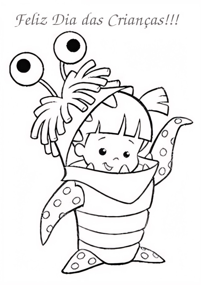 Desenho de criança fantasiada de monstro com a frase 'Feliz Dia das Crianças!!!' para imprimir e colorir.