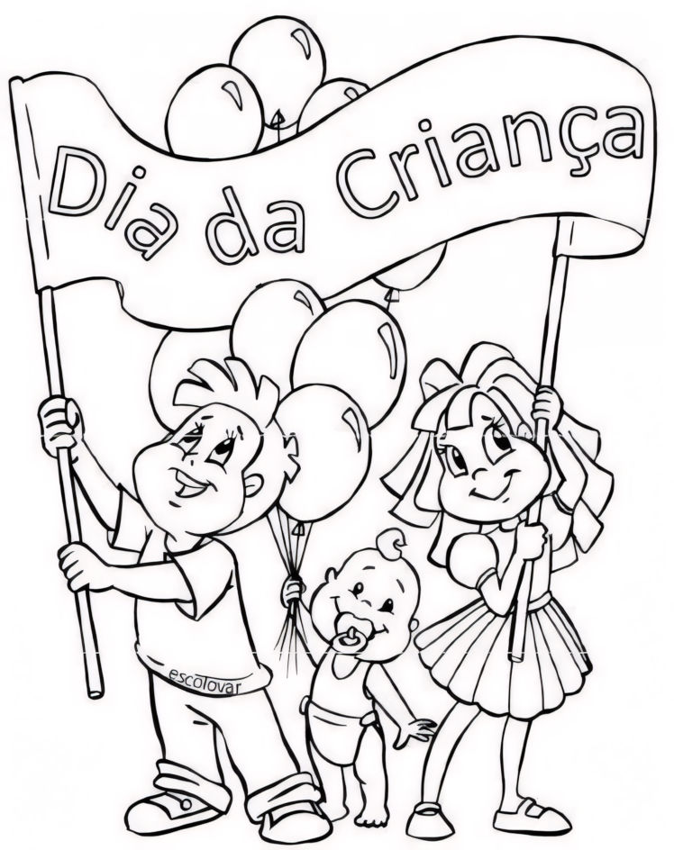 Desenho de três crianças sorrindo, segurando balões e uma faixa com a mensagem Dia da Criança para colorir.