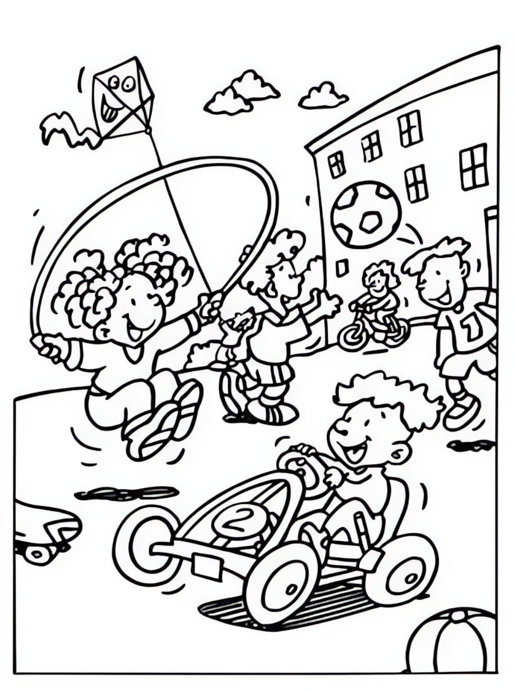 Desenho de crianças brincando ao ar livre, pulando corda, soltando pipa e andando de carrinho para imprimir e colorir no Dia das Crianças.