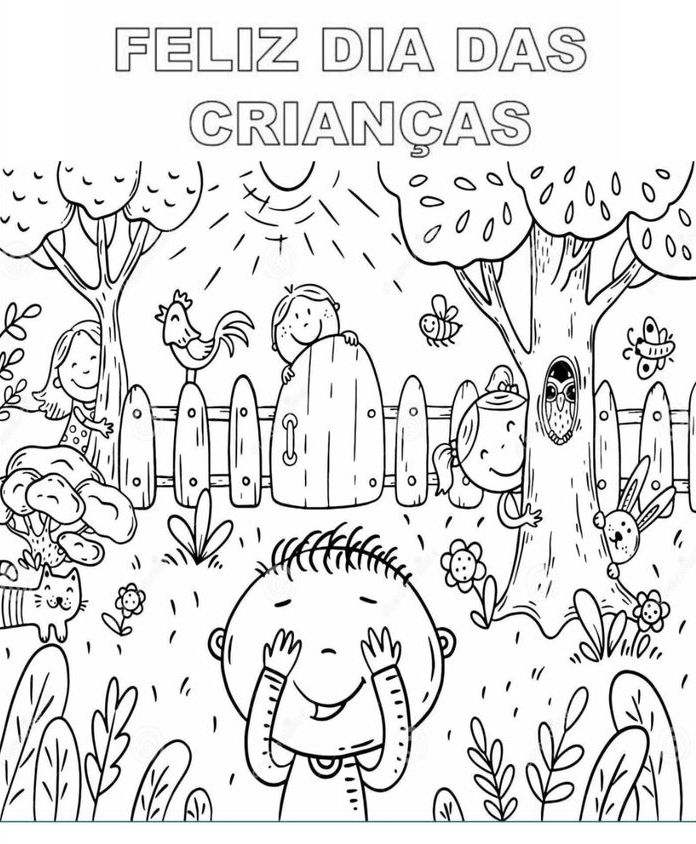 Desenho de crianças brincando em um ambiente lúdico com árvores, animais e elementos da natureza para colorir no Dia das Crianças.