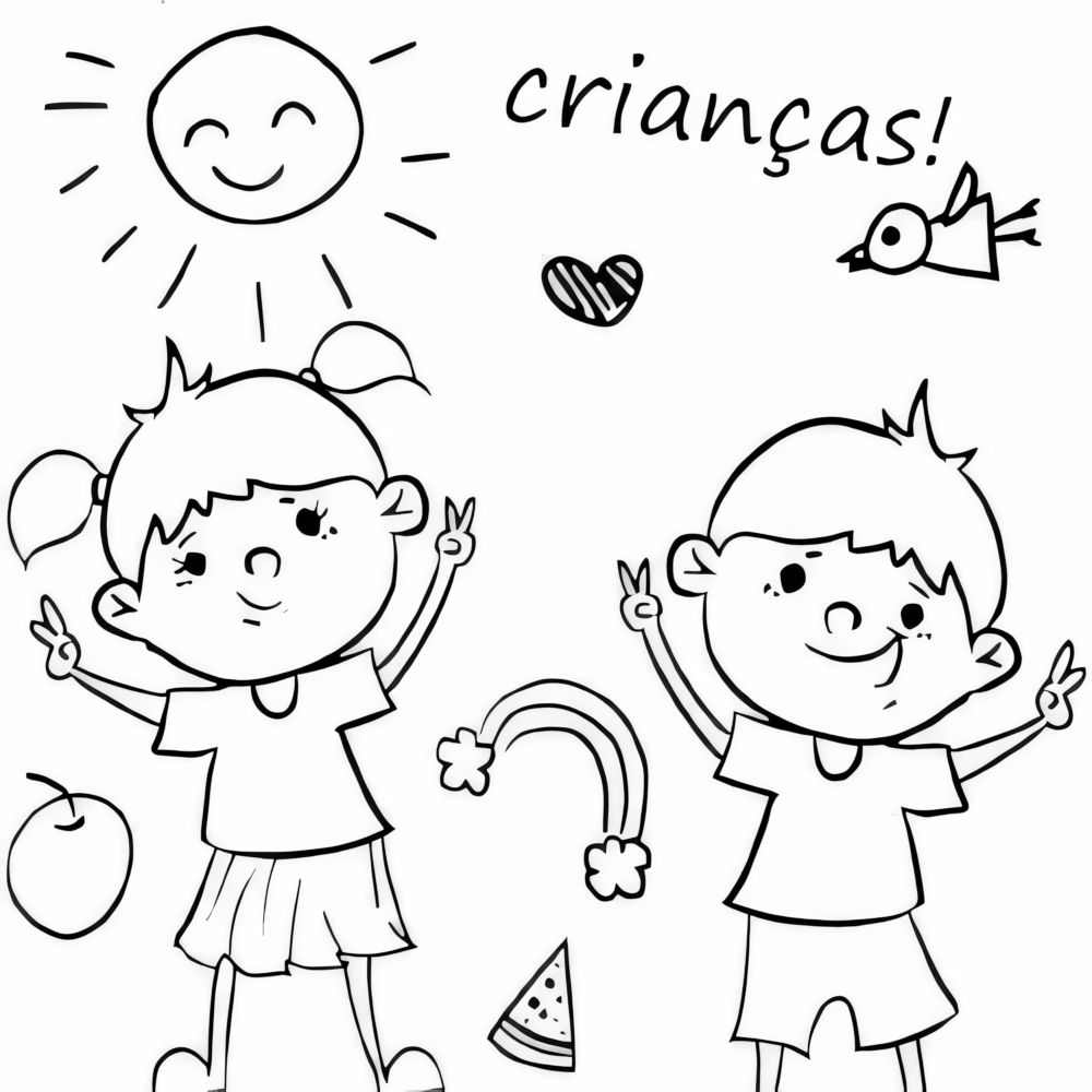 Desenho de um menino e uma menina celebrando com sol, arco-íris, coração e elementos da natureza para colorir no Dia das Crianças.
