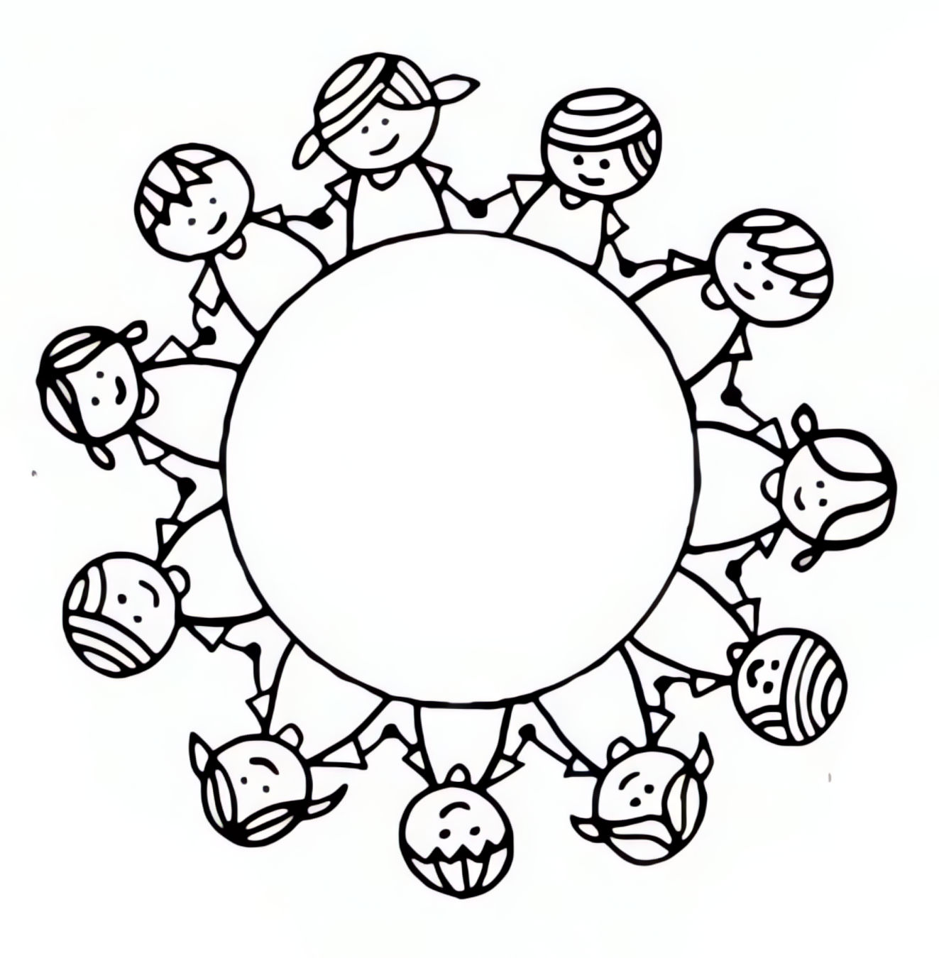 Desenho de crianças de mãos dadas em círculo com espaço em branco no centro para imprimir e colorir no Dia das Crianças.