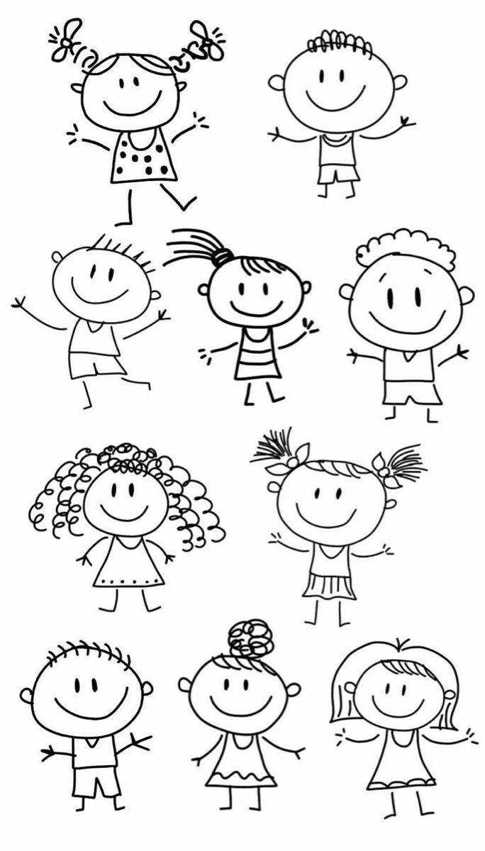Desenho de crianças sorrindo com diferentes penteados e roupas para imprimir e colorir no Dia das Crianças.